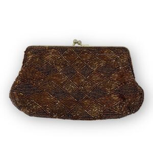 Beaded Brown Art Deco Evening Kisslock Clutch Bag Purse Vintage Chain Strap